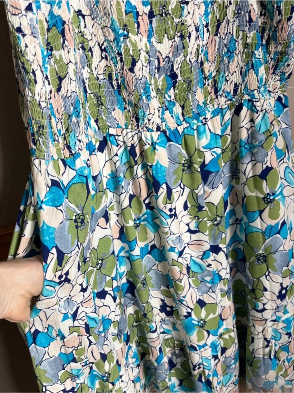 Hayden Dress Maxi Blue Floral Smocked Tiered Boho Pockets Coastal Travel Wom L - Picture 4 of 14